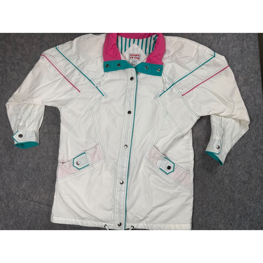New York Girl Windbreaker Jacket Womens Medium White Pink Teal Vintage 80s Retro